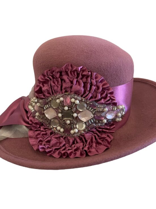 Louise Green Pink Wool Felt Wide Brim Hat Satin Ribbon  Rhinestone Embellishment
